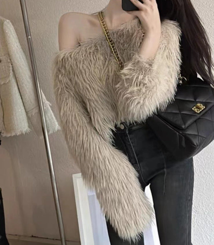 Flauschiger Schulterfreier Pullover mit langen Ärmeln für Damen