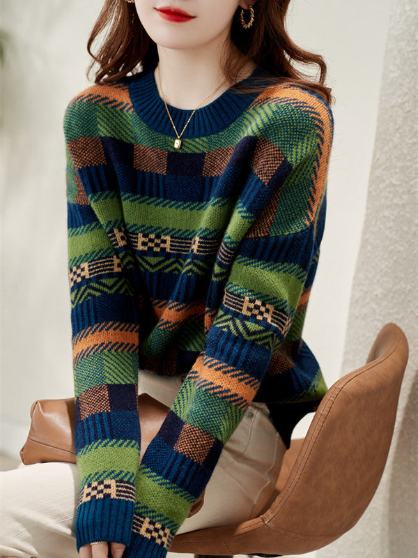 Gemusterter Strickpullover mit Rundhalsausschnitt für Damen