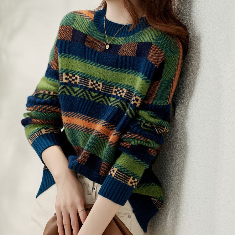 Gemusterter Strickpullover mit Rundhalsausschnitt für Damen