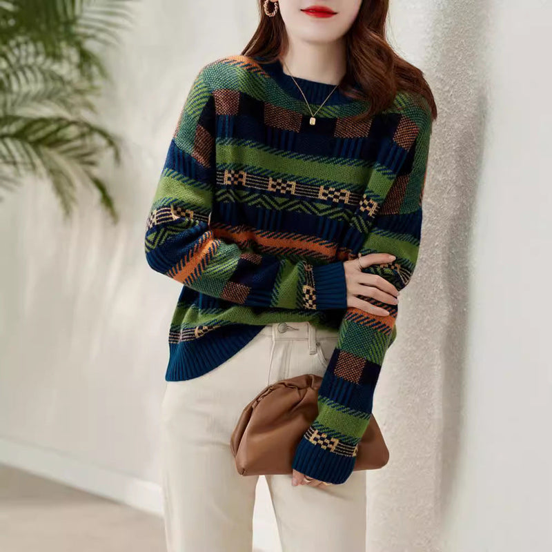Gemusterter Strickpullover mit Rundhalsausschnitt für Damen