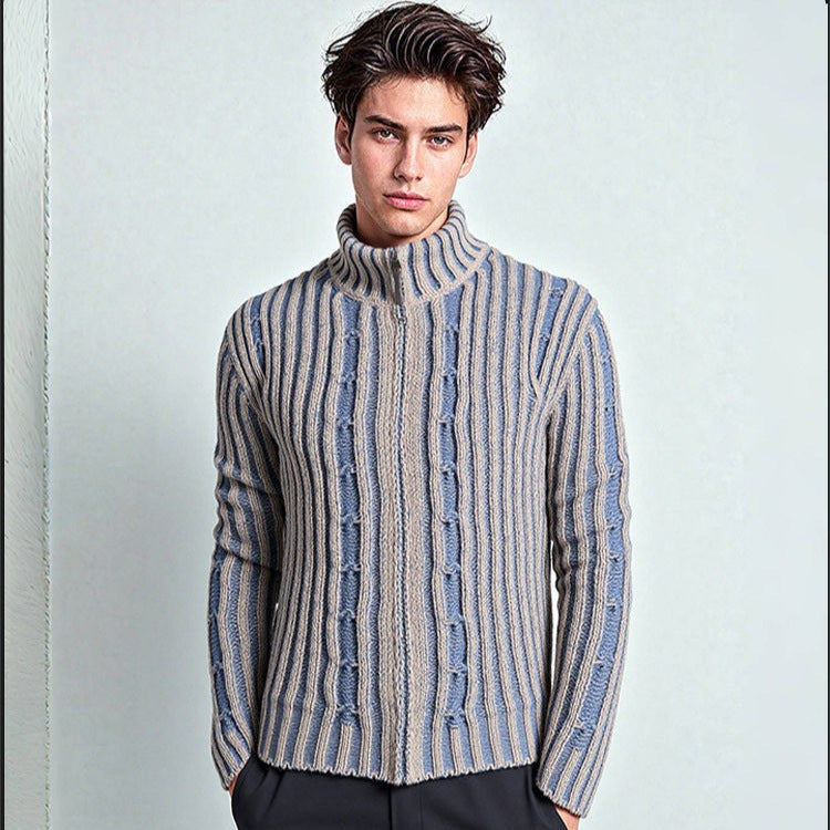 Gestreifter Strickpullover mit Reißverschluss für Herren