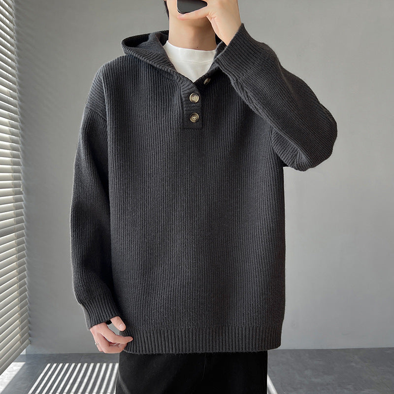 Herren Strickpullover mit Knopfleiste und Kapuze
