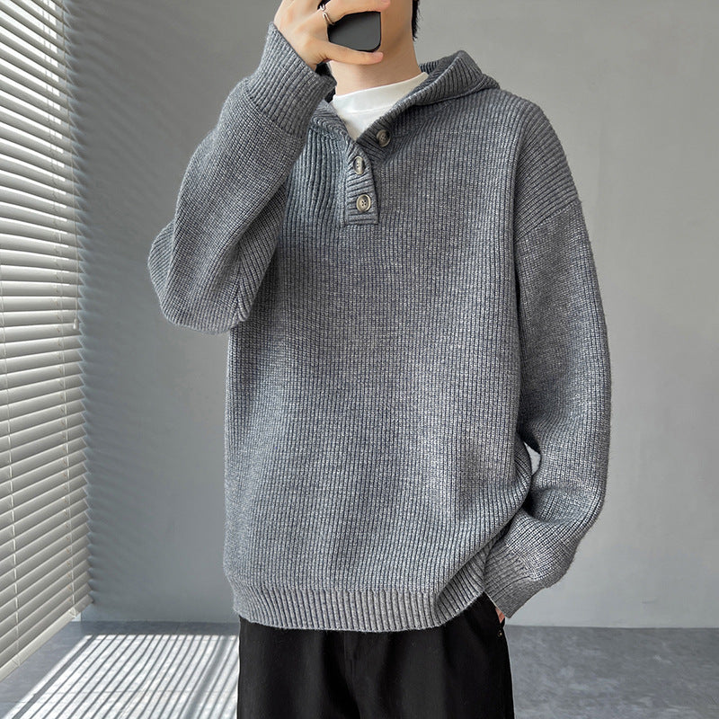 Herren Strickpullover mit Knopfleiste und Kapuze