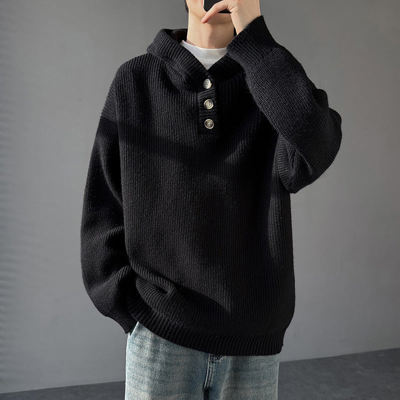Herren Strickpullover mit Knopfleiste und Kapuze