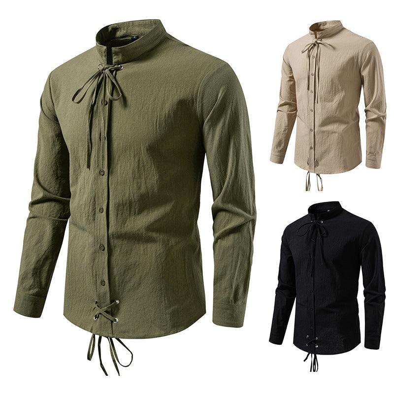 Herrenhemd mit Stehkragen und Schnürung