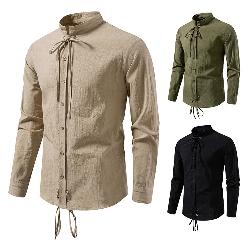 Herrenhemd mit Stehkragen und Schnürung