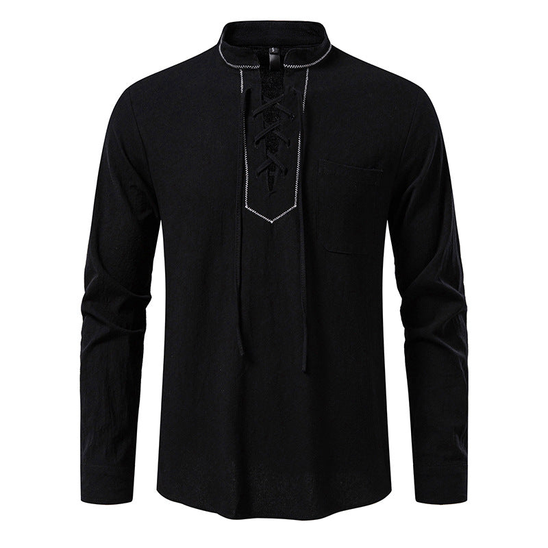 Langarmhemd mit Stehkragen und Schnürung für Herren