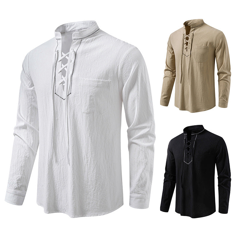 Langarmhemd mit Stehkragen und Schnürung für Herren