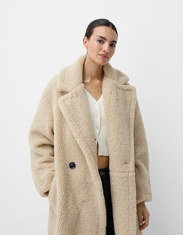 Langer Teddy Mantel für Damen mit Knopfleiste
