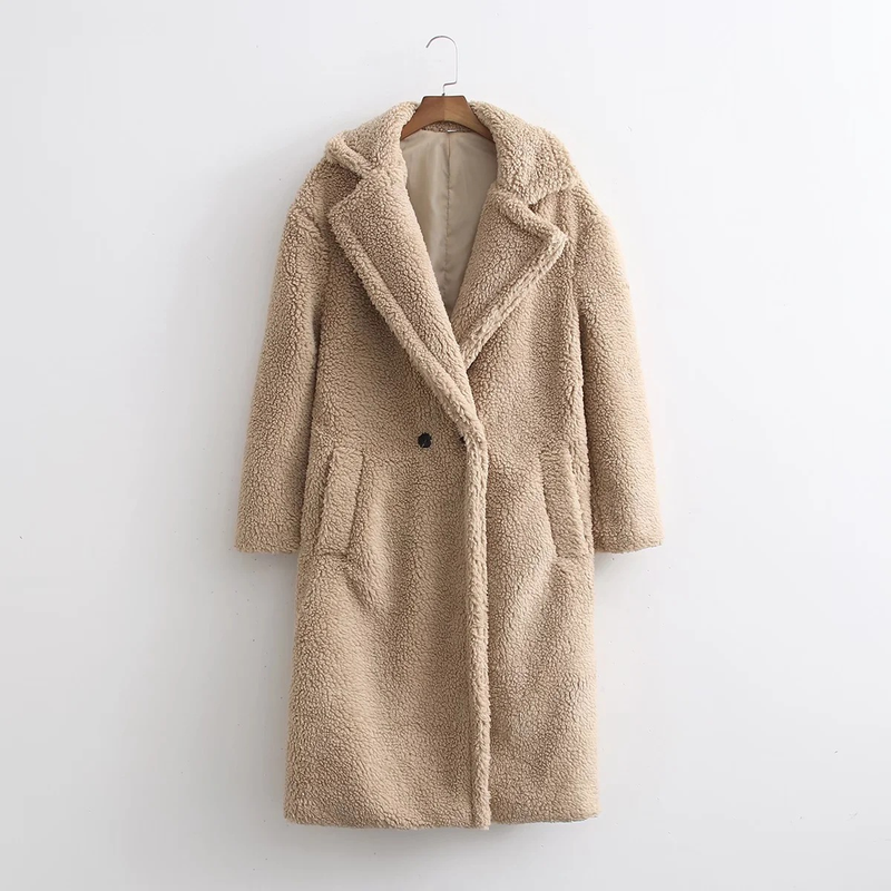 Langer Teddy Mantel für Damen mit Knopfleiste