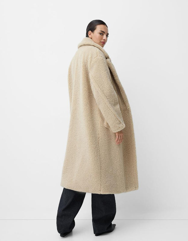 Langer Teddy Mantel für Damen mit Knopfleiste