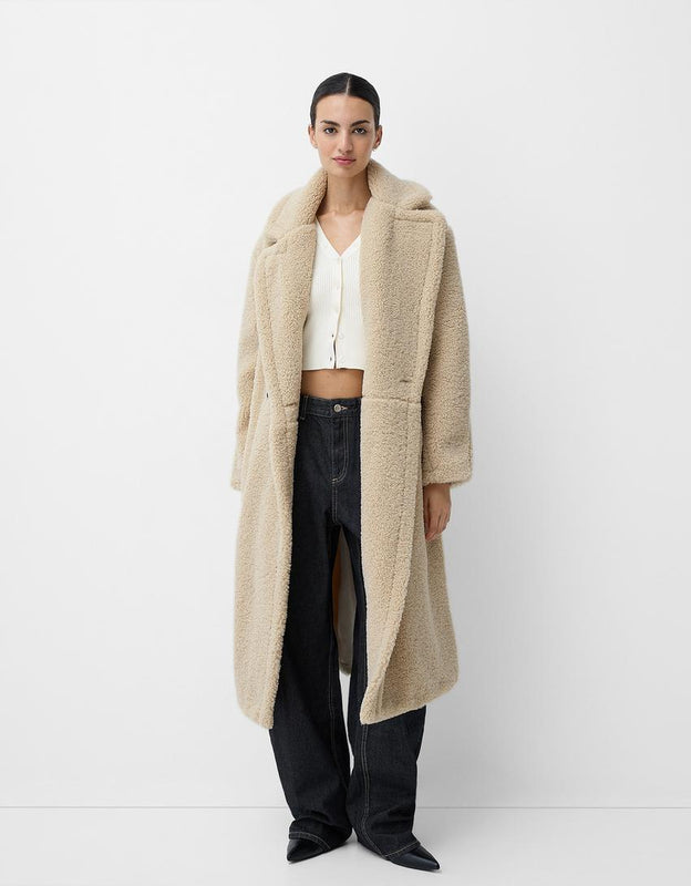 Langer Teddy Mantel für Damen mit Knopfleiste