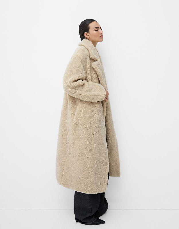 Langer Teddy Mantel für Damen mit Knopfleiste