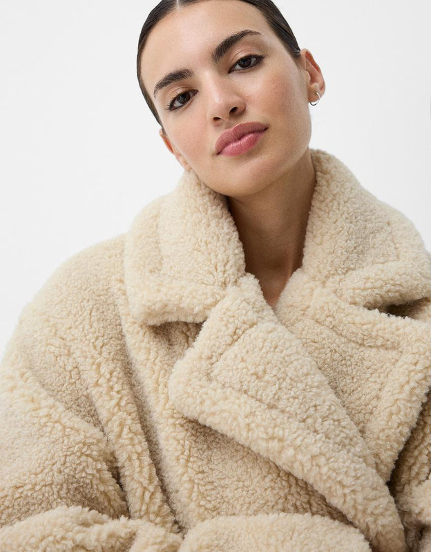Langer Teddy Mantel für Damen mit Knopfleiste