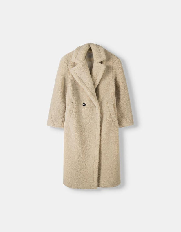 Langer Teddy Mantel für Damen mit Knopfleiste