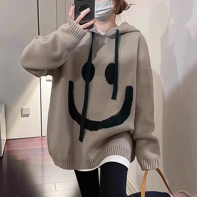 Lässiger Kapuzenpullover für Damen mit Smiley-Motiv