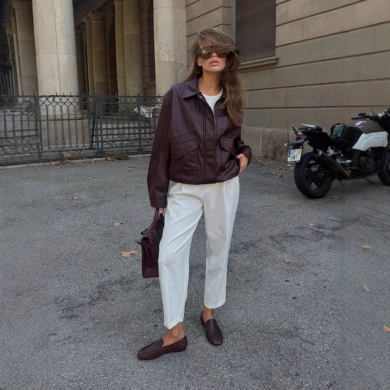 Lederjacke mit Taschen und Sportlichem Schnitt für Damen