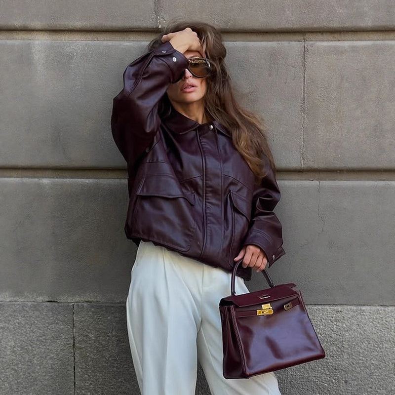 Lederjacke mit Taschen und Sportlichem Schnitt für Damen