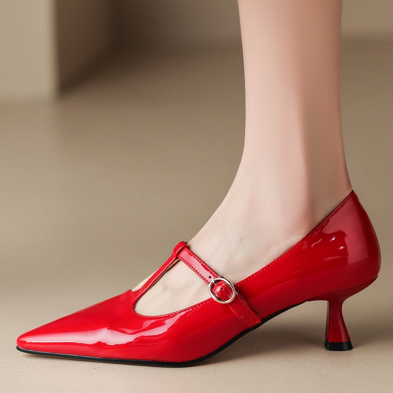 Damen-Schuhe aus echtem Leder mit T-Riemchen und Kitten-Heel