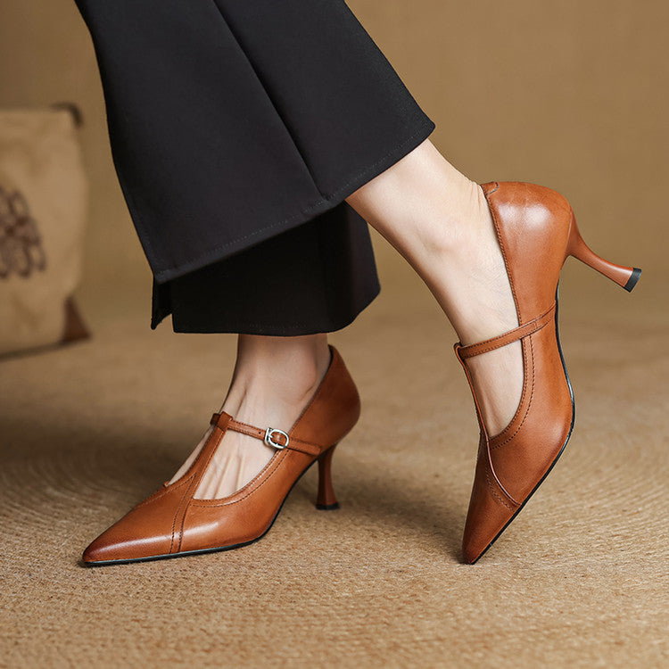 Damen-Lederpumps mit spitzer Zehenpartie und T-Riemchen