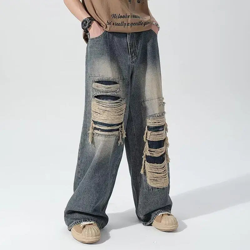 Herren-Jeans aus schwarzem Denim mit weitem Bein und Used-Look