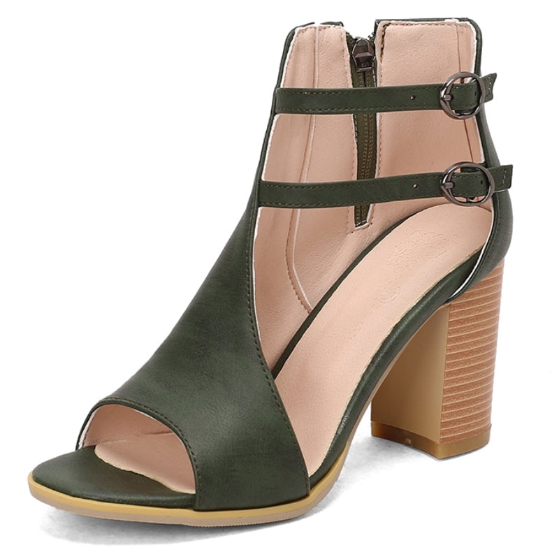 Sandalen für Damen mit Blockabsatz, offener Spitze und Fesselriemchen