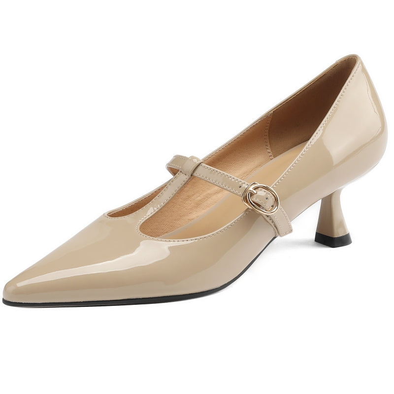 Damen-Schuhe aus echtem Leder mit T-Riemchen und Kitten-Heel