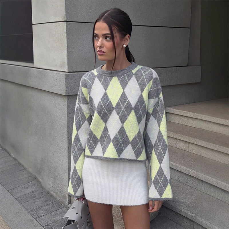 Modischer Karopullover mit weitem Schnitt für Damen