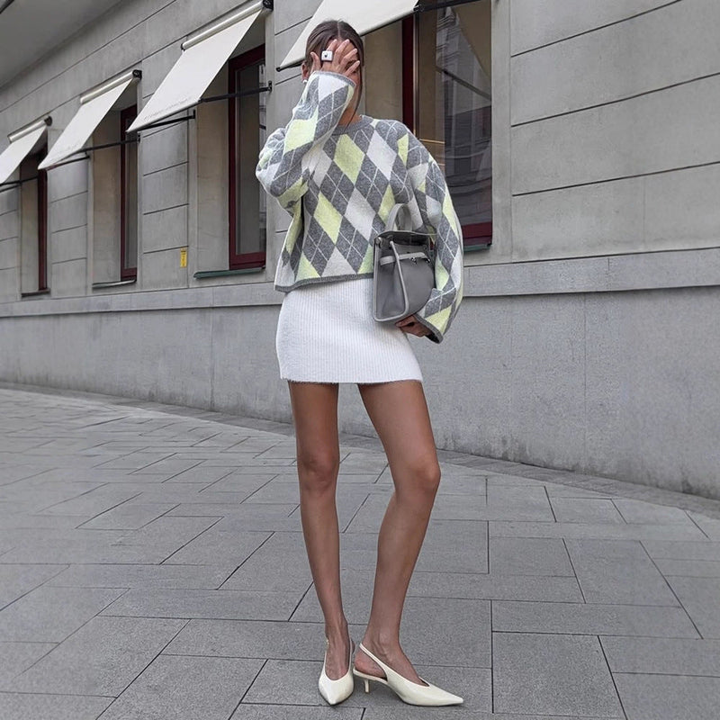 Modischer Karopullover mit weitem Schnitt für Damen