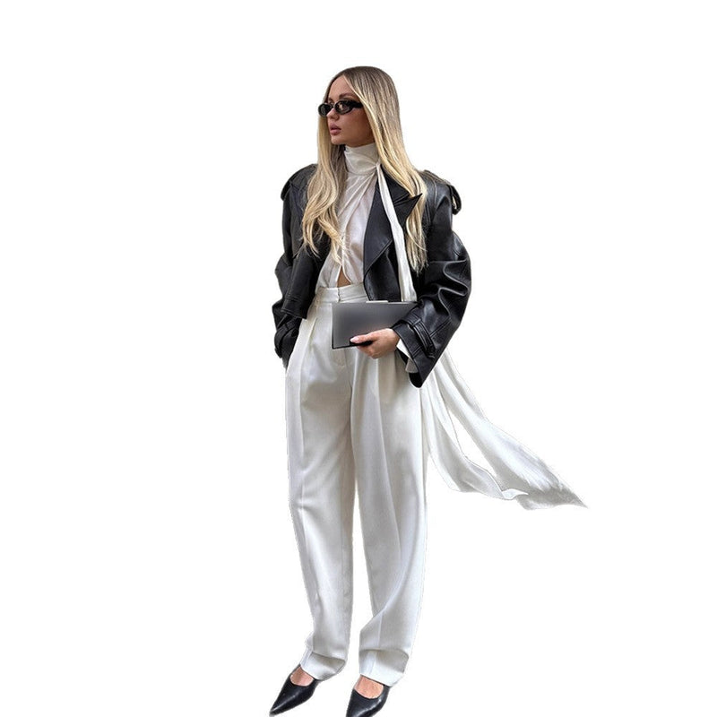 Oversized Kunstlederjacke für Damen mit Kragen und Dekobändern