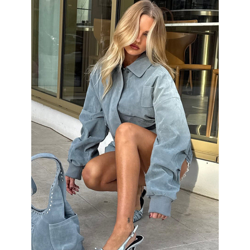 Oversized Wildlederjacke für Damen mit Taschen