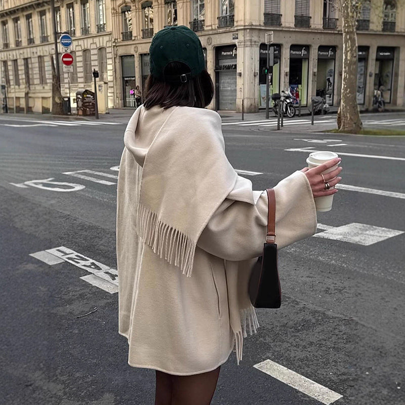 Oversized Wollmantel mit Fransen für Damen