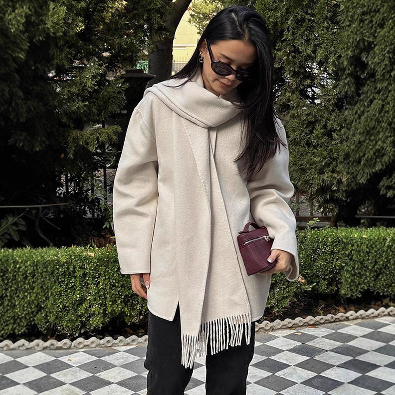 Oversized Wollmantel mit Fransen für Damen