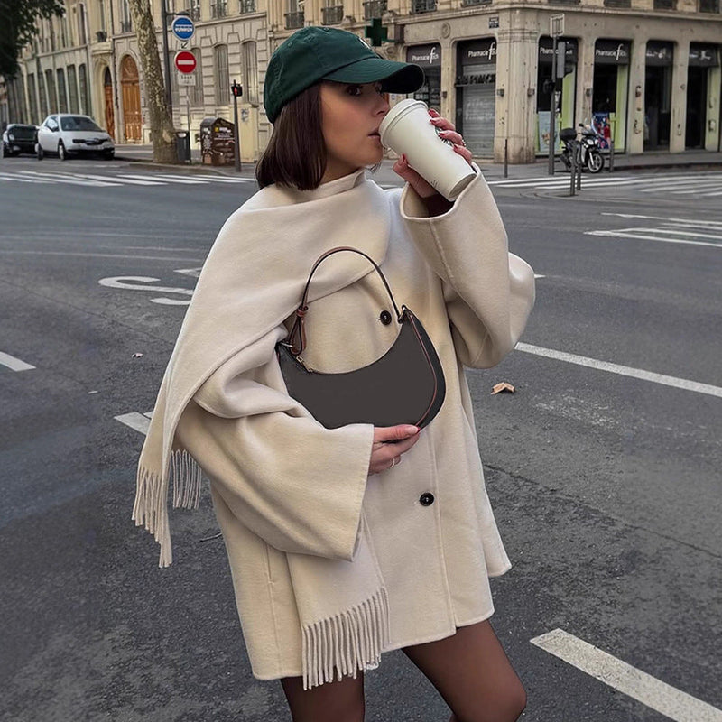 Oversized Wollmantel mit Fransen für Damen