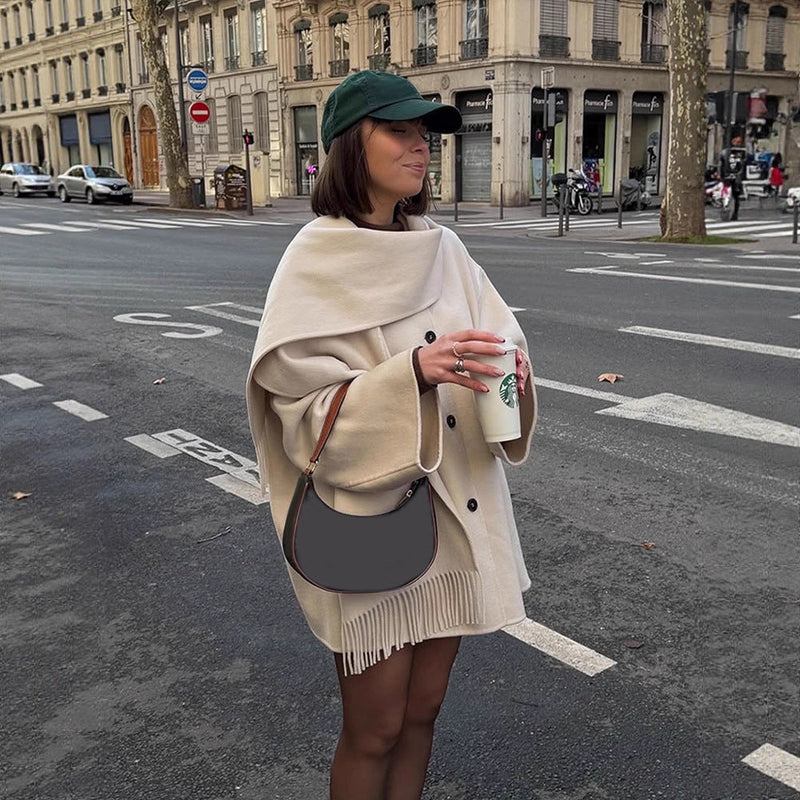 Oversized Wollmantel mit Fransen für Damen