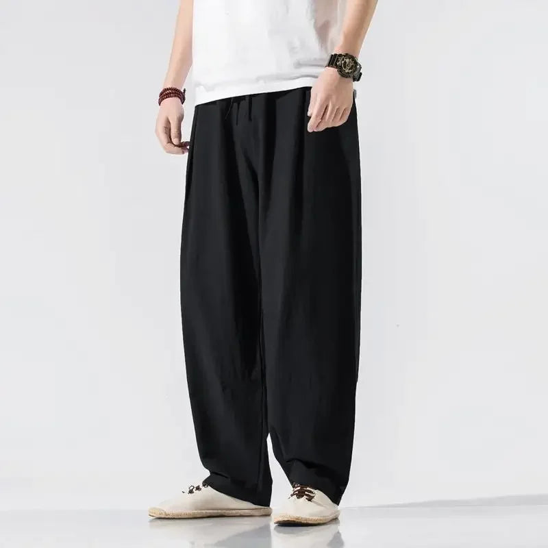 Herren-Leinenhose mit weitem Bein und Kordelzug in der Taille