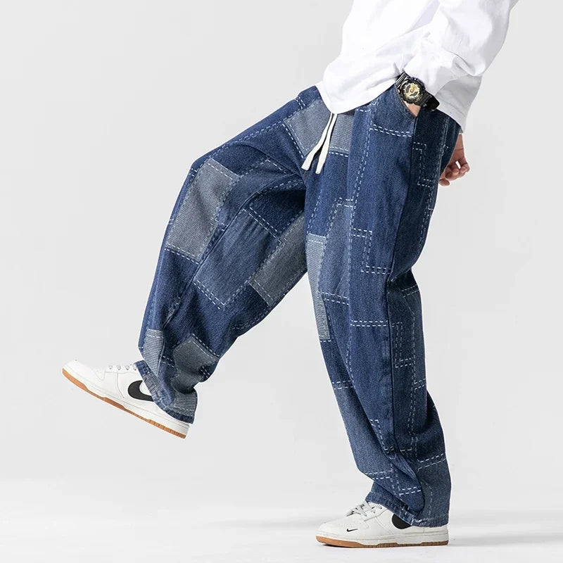Herren-Patchwork-Jeans mit lockerer Passform und Kordelzug in der Taille