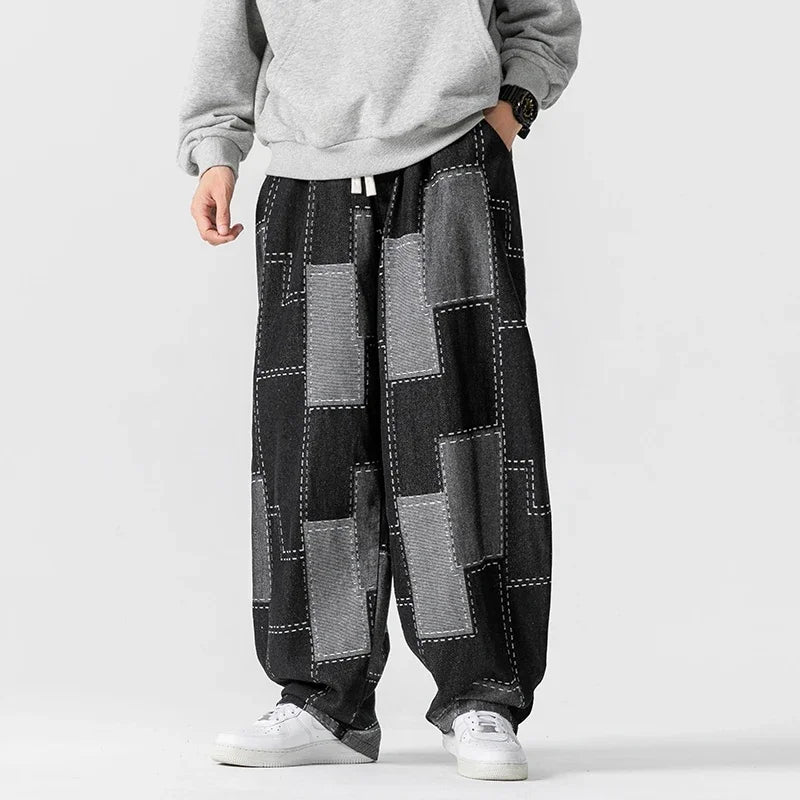 Herren-Patchwork-Jeans mit lockerer Passform und Kordelzug in der Taille