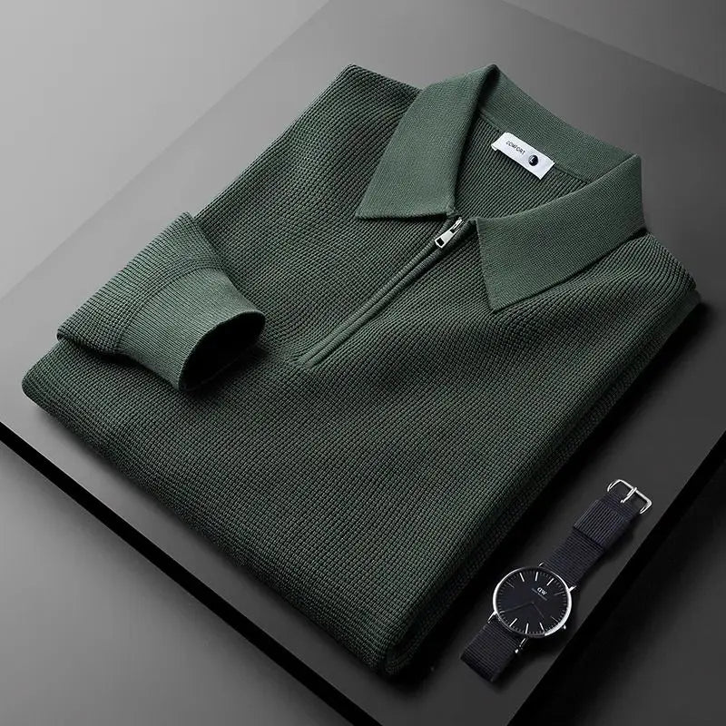 Herren Pullover mit Viertelreißverschluss - Weiches Waffelstrick-Oberteil