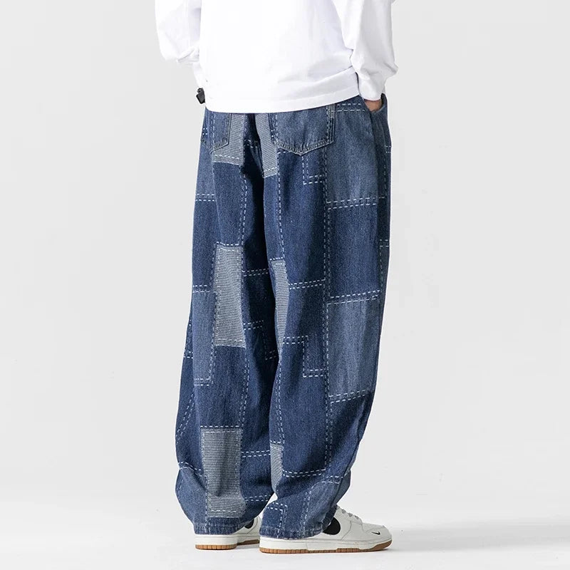 Herren-Patchwork-Jeans mit lockerer Passform und Kordelzug in der Taille