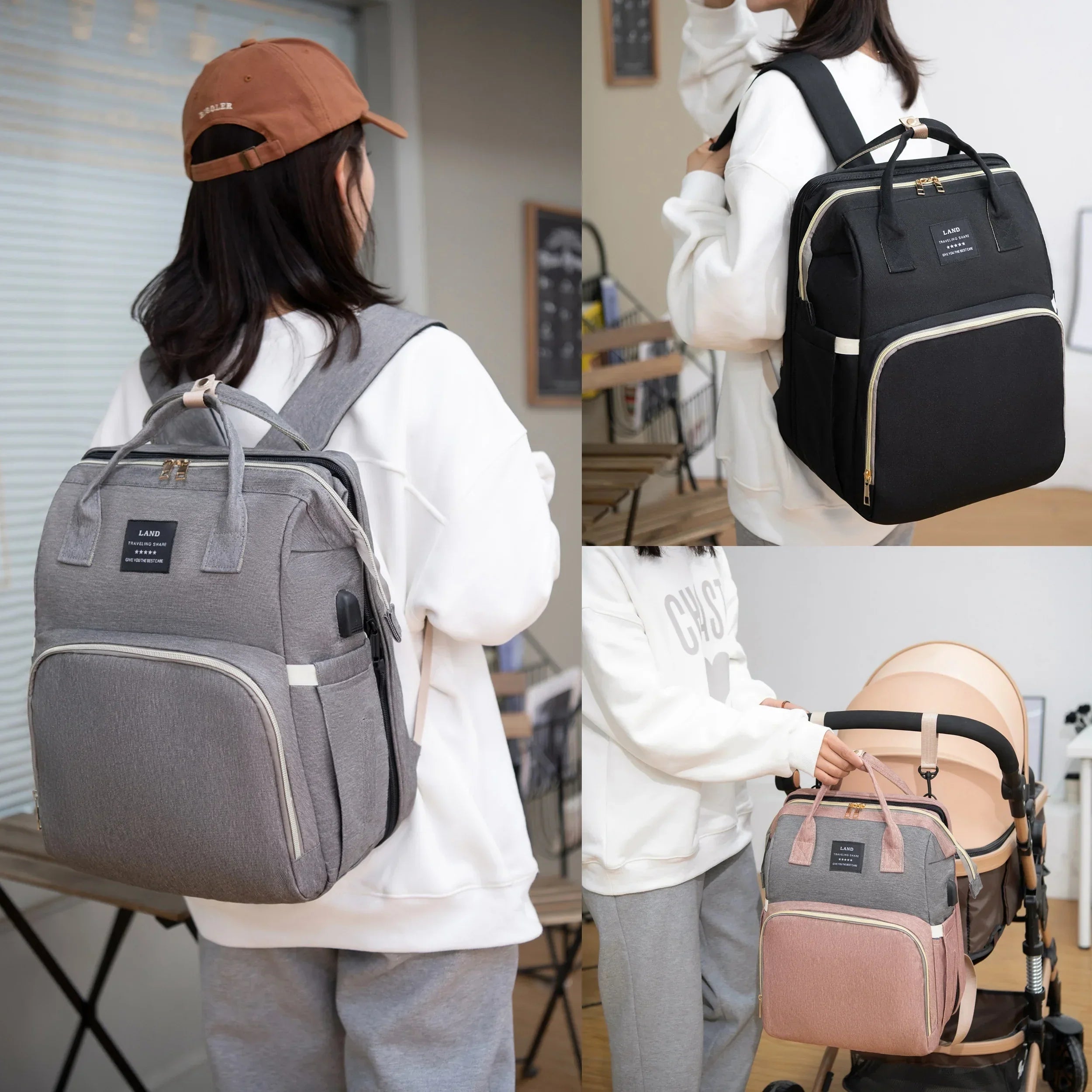 Unisex-Windelrucksack mit klappbarem Kinderbett und USB-Anschluss