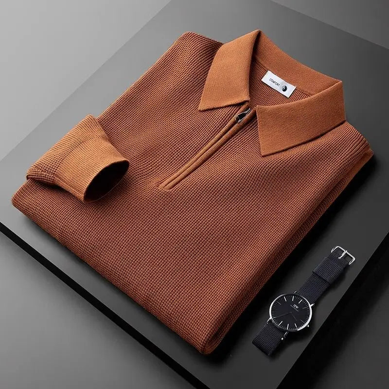 Herren Pullover mit Viertelreißverschluss - Weiches Waffelstrick-Oberteil