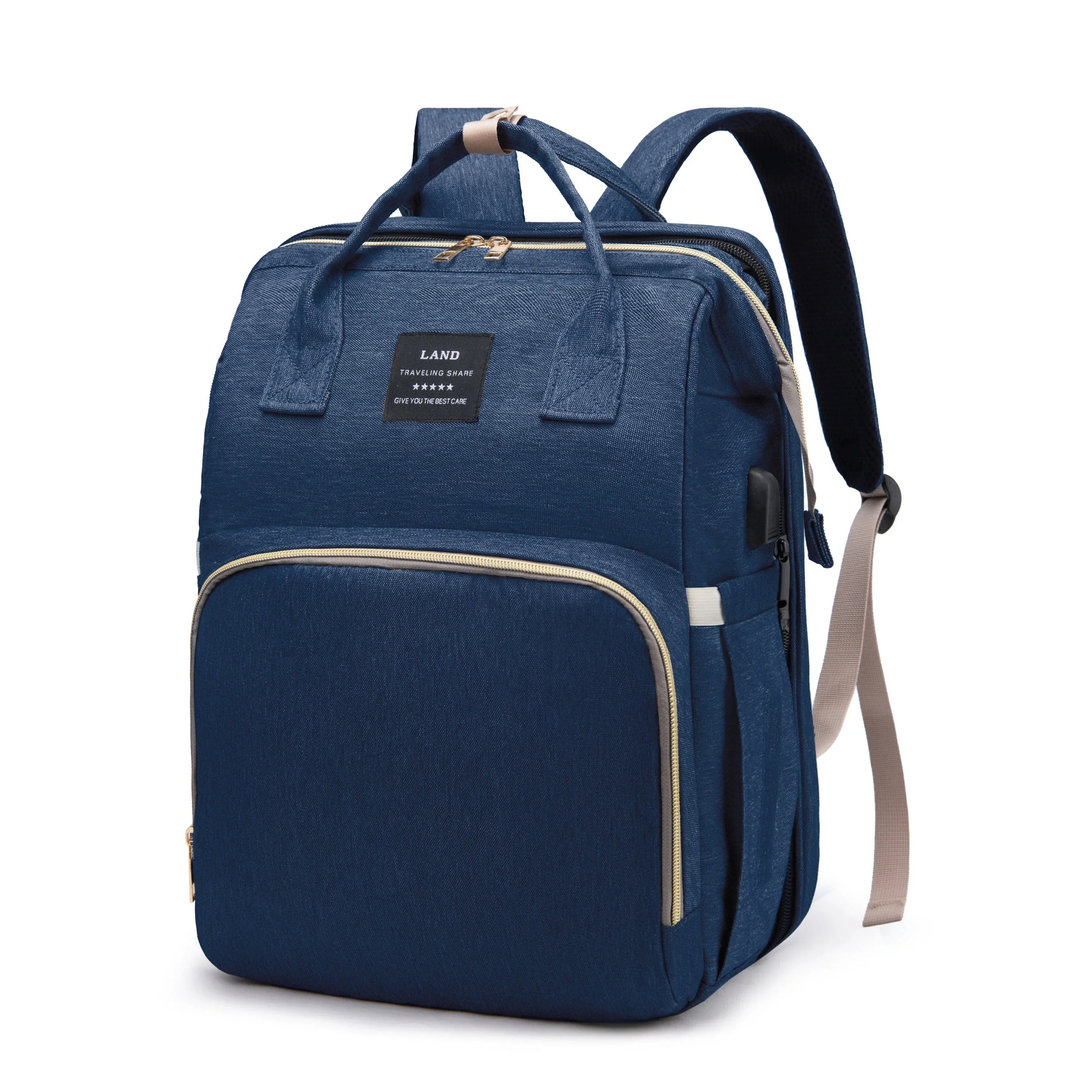 Unisex-Windelrucksack mit klappbarem Kinderbett und USB-Anschluss
