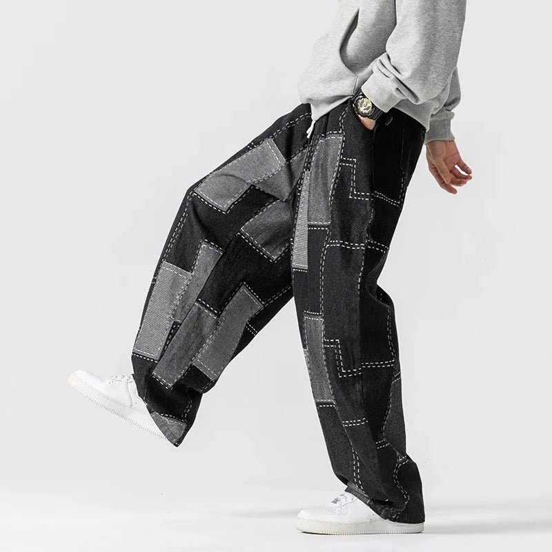 Herren-Patchwork-Jeans mit lockerer Passform und Kordelzug in der Taille