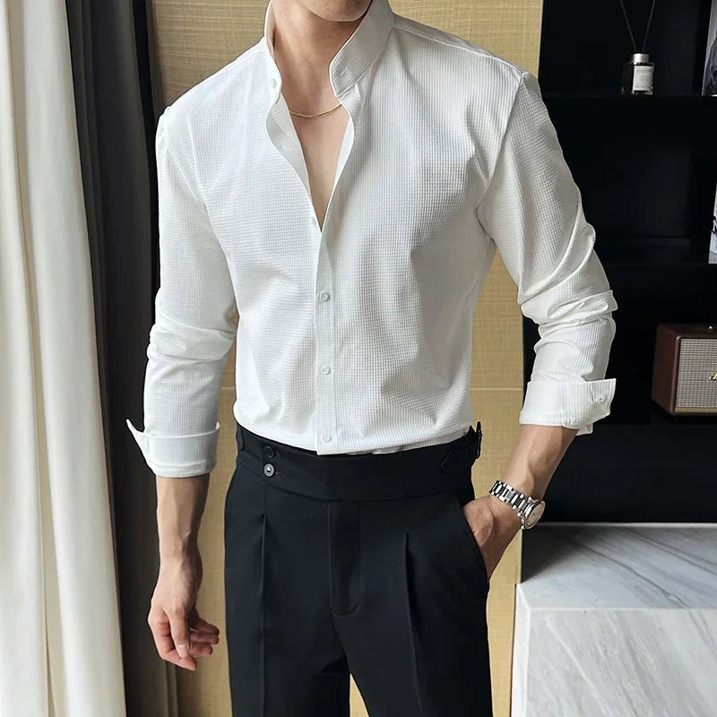 Herren-Slim-Fit-Langarm-Hemd mit Stehkragen