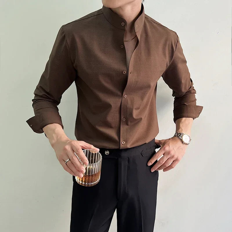 Herren-Slim-Fit-Langarm-Hemd mit Stehkragen