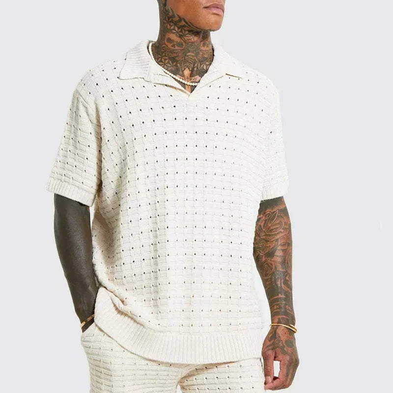 Herren-Strickpoloshirt mit kurzen Ärmeln und offenem Kragen