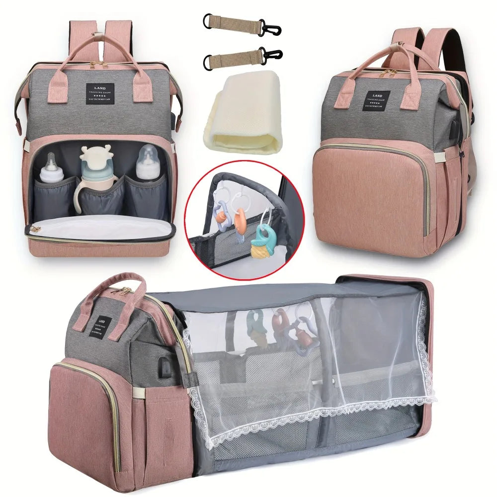 Unisex-Windelrucksack mit klappbarem Kinderbett und USB-Anschluss