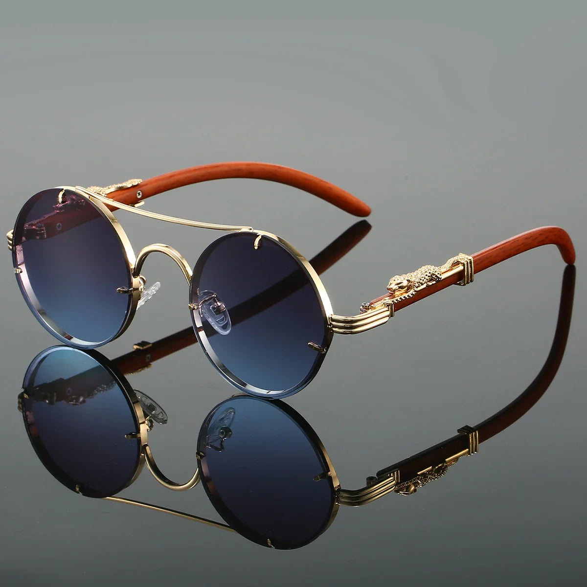 Herren Runde Metall-Sonnenbrille mit Leopardenakzenten und UV400-Gläsern