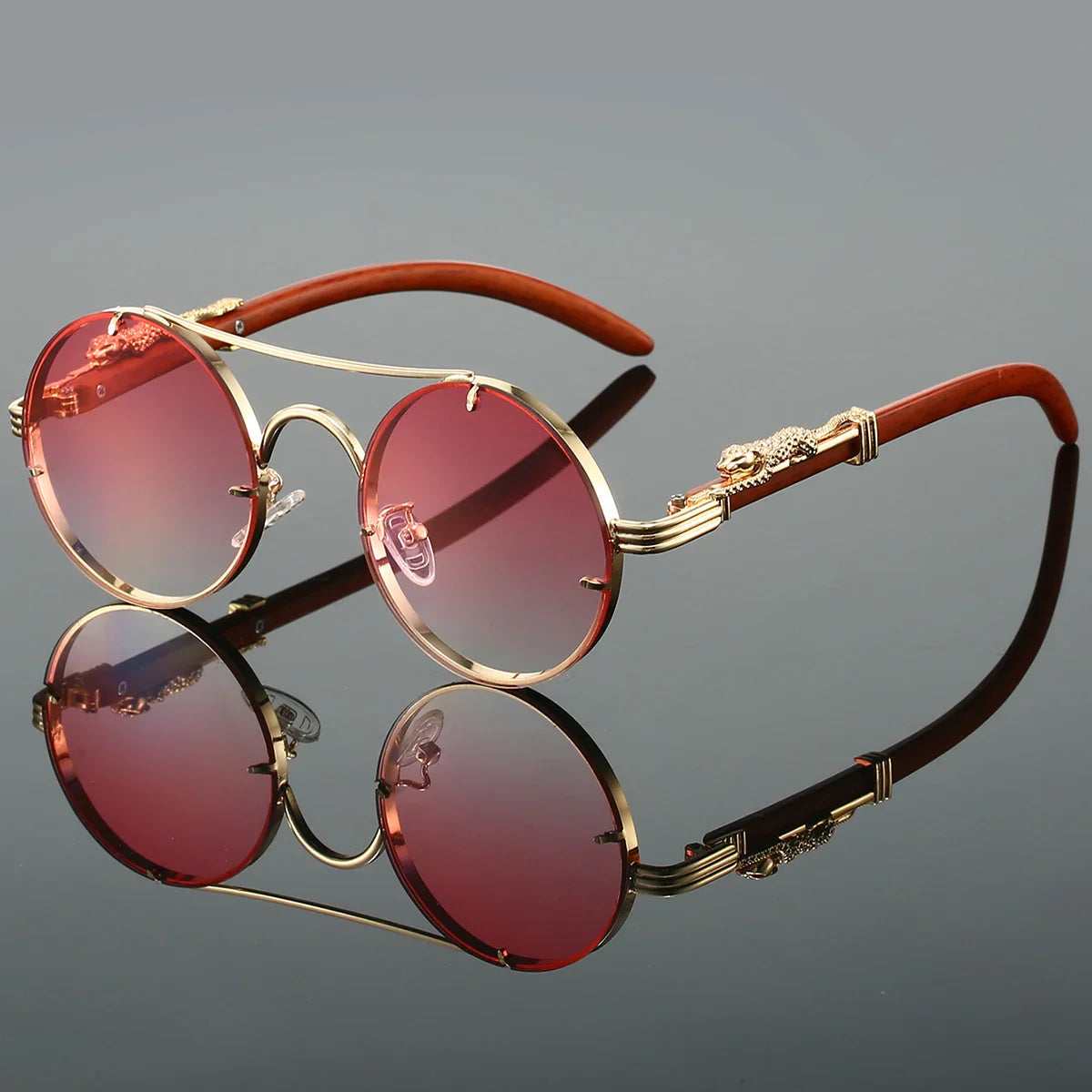 Herren Runde Metall-Sonnenbrille mit Leopardenakzenten und UV400-Gläsern